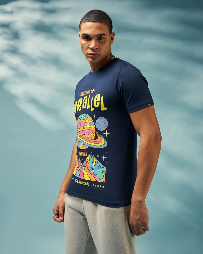 بيواكوف Men's Blue Parallel World Graphic Printed T-shirt